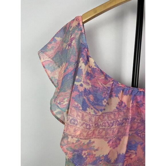 Show Me Your Mumu Chiquita Multicolor Watercolor Sheer Flowy Off Shoulder Top M - Picture 2 of 6